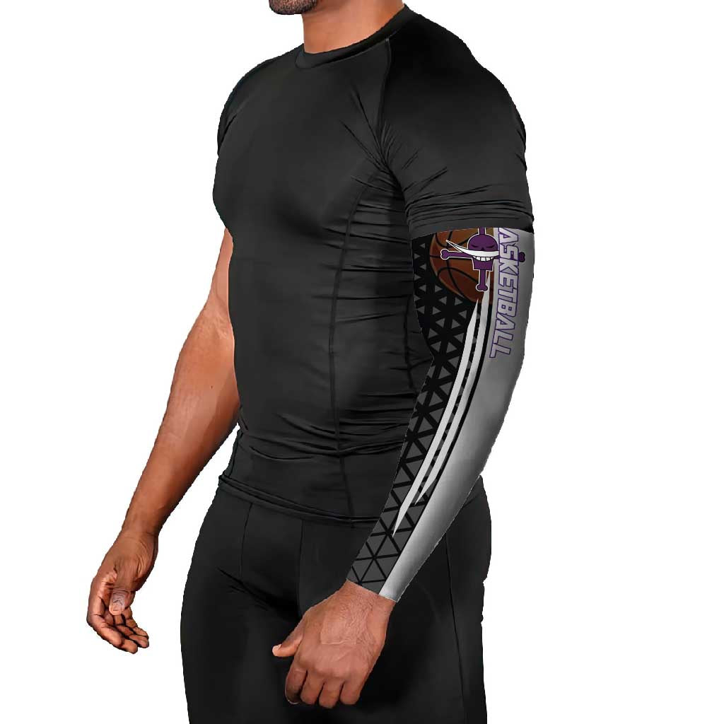Whitebeard Newgate One Piece Basketball Theme Black and White Design Arm Sleeves with Crossed Moustache Emblem and Dominant Pose - The Mazicc
