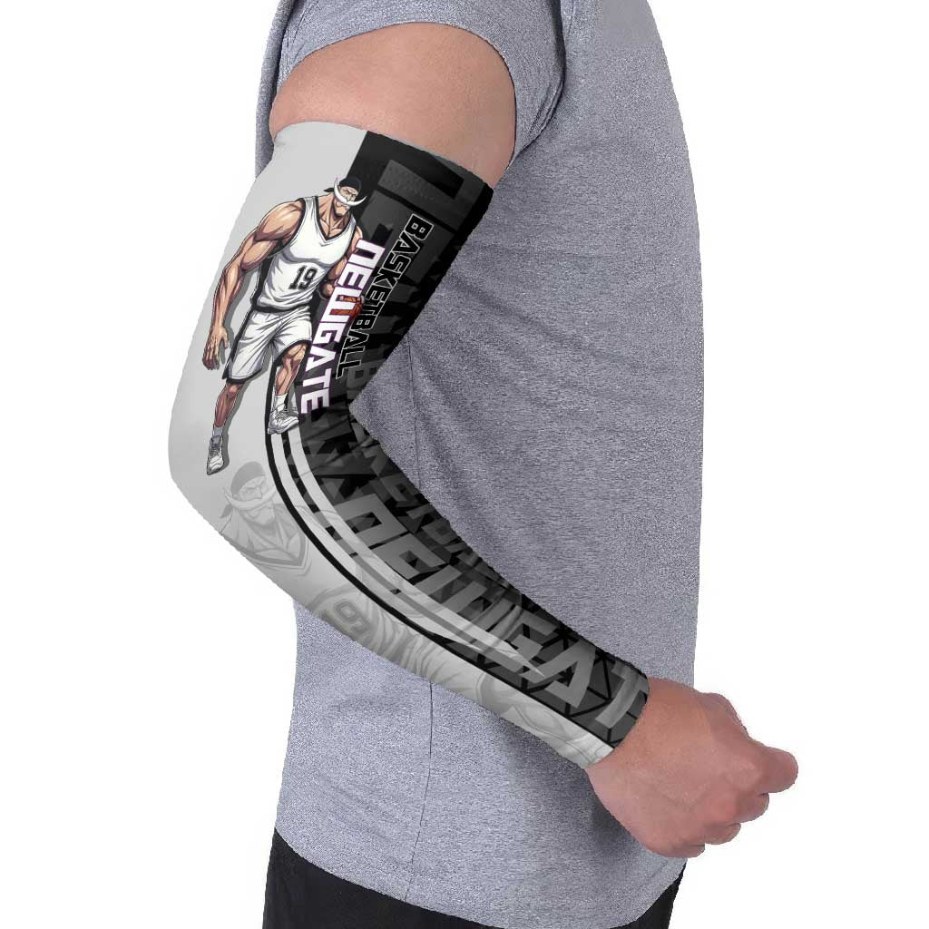 Whitebeard Newgate One Piece Basketball Theme Black and White Design Arm Sleeves with Crossed Moustache Emblem and Dominant Pose - The Mazicc