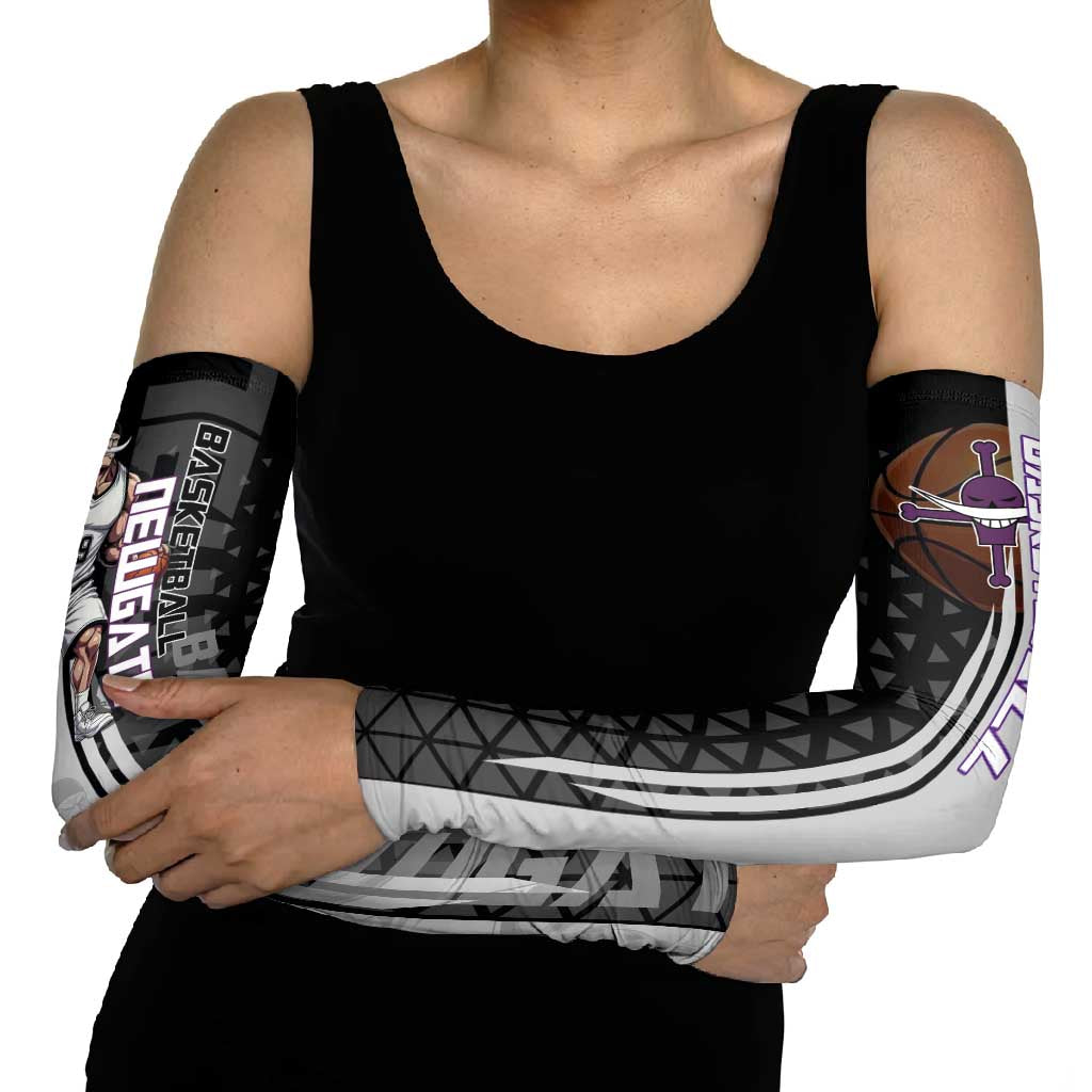 Whitebeard Newgate One Piece Basketball Theme Black and White Design Arm Sleeves with Crossed Moustache Emblem and Dominant Pose - The Mazicc