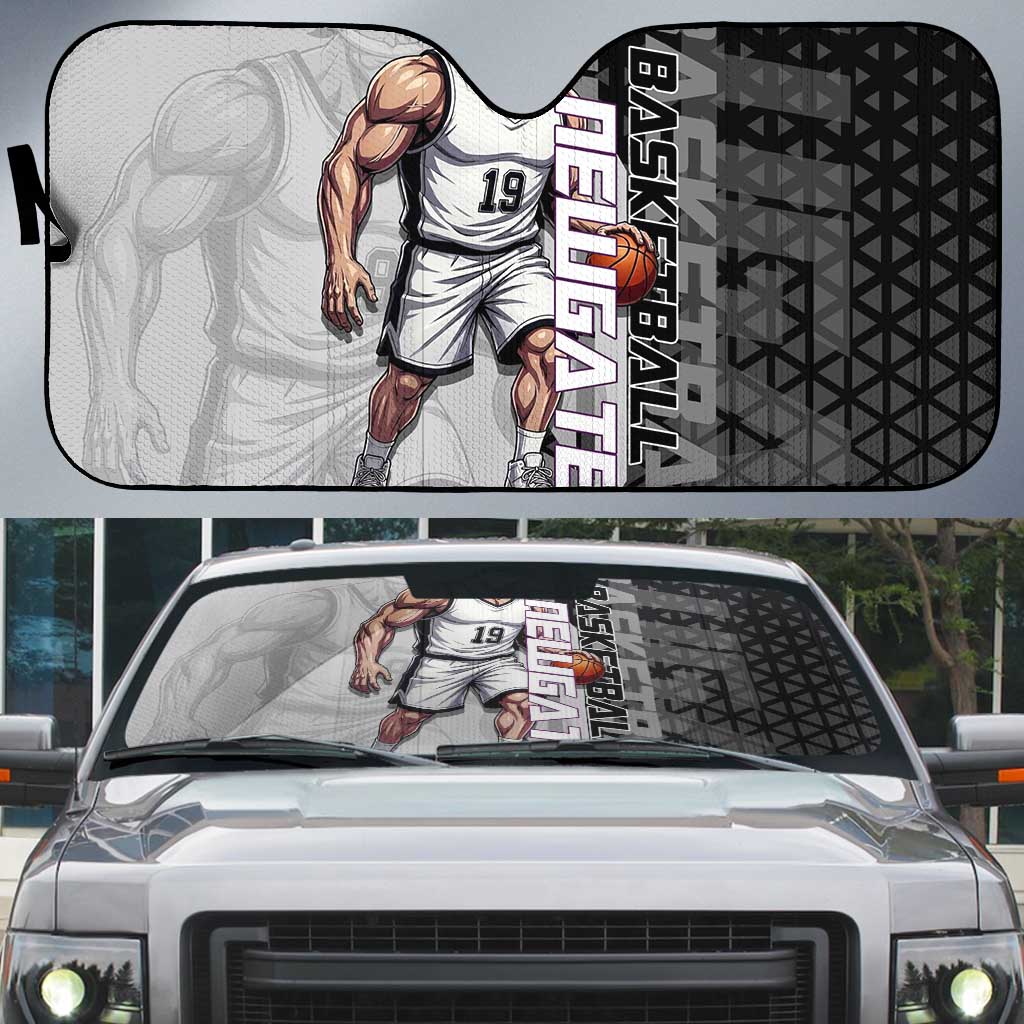 Whitebeard Newgate One Piece Basketball Theme Black and White Design Auto Sun Shade with Crossed Moustache Emblem and Dominant Pose - The Mazicc