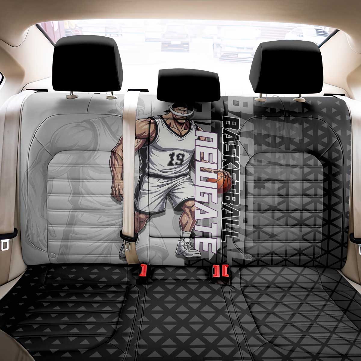 Whitebeard Newgate One Piece Basketball Theme Black and White Design Back Car Seat Cover with Crossed Moustache Emblem and Dominant Pose - The Mazicc