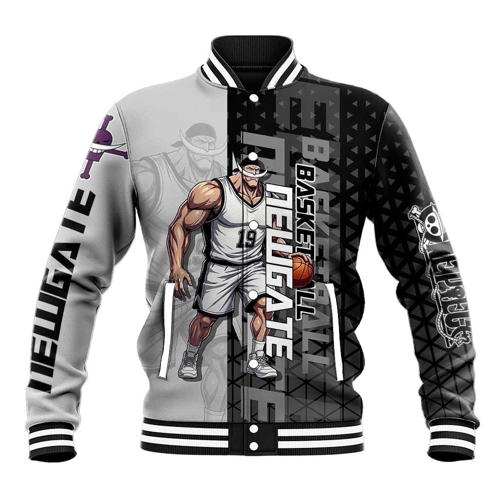 Whitebeard Newgate One Piece Basketball Theme Black and White Design Baseball Jacket with Crossed Moustache Emblem and Dominant Pose - The Mazicc