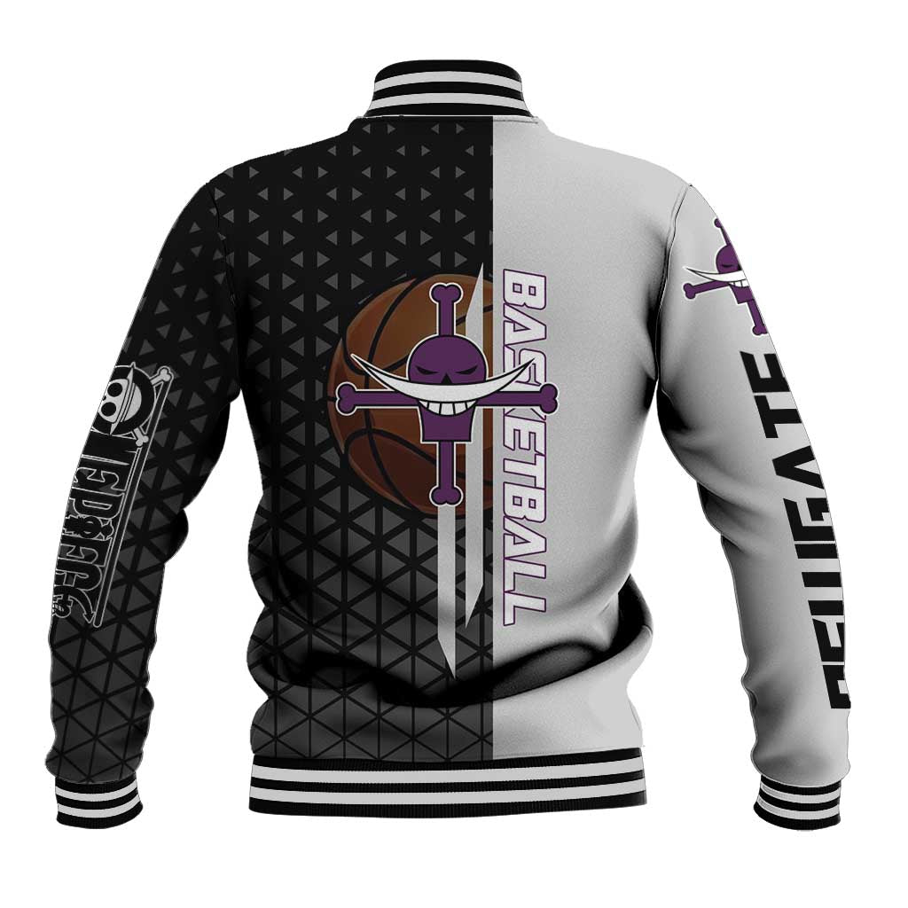 Whitebeard Newgate One Piece Basketball Theme Black and White Design Baseball Jacket with Crossed Moustache Emblem and Dominant Pose - The Mazicc
