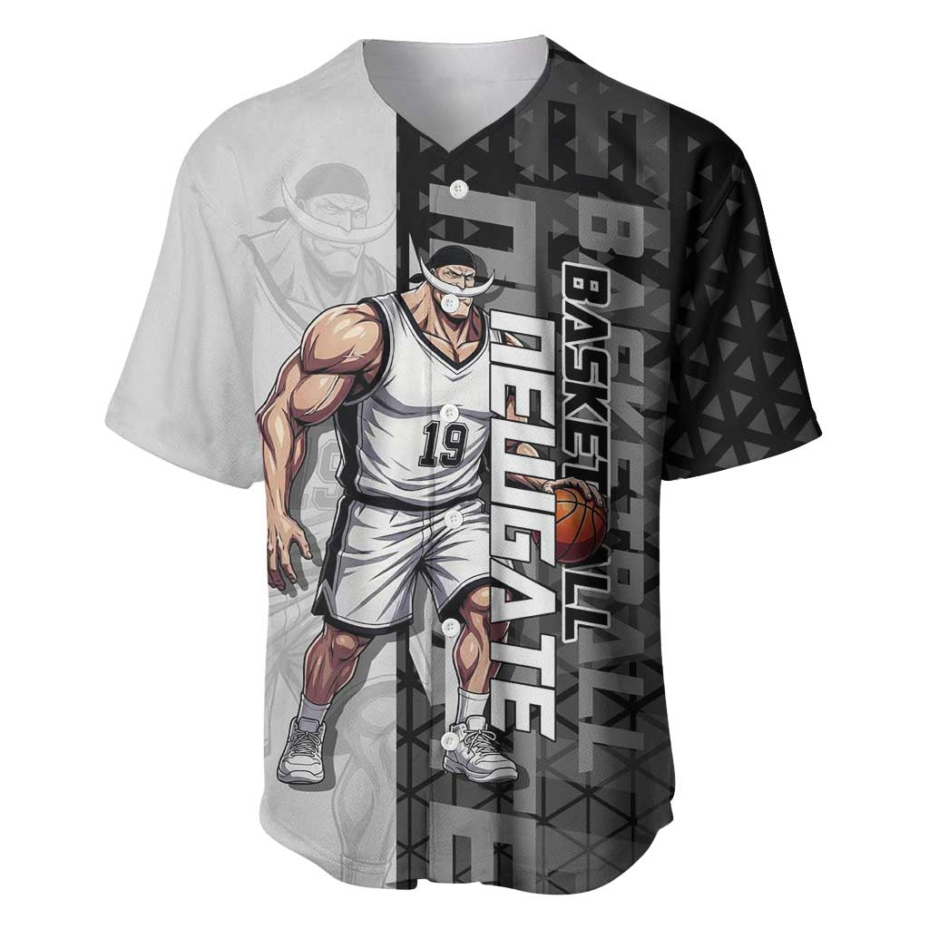 Whitebeard Newgate One Piece Basketball Theme Black and White Design Baseball Jersey with Crossed Moustache Emblem and Dominant Pose - The Mazicc