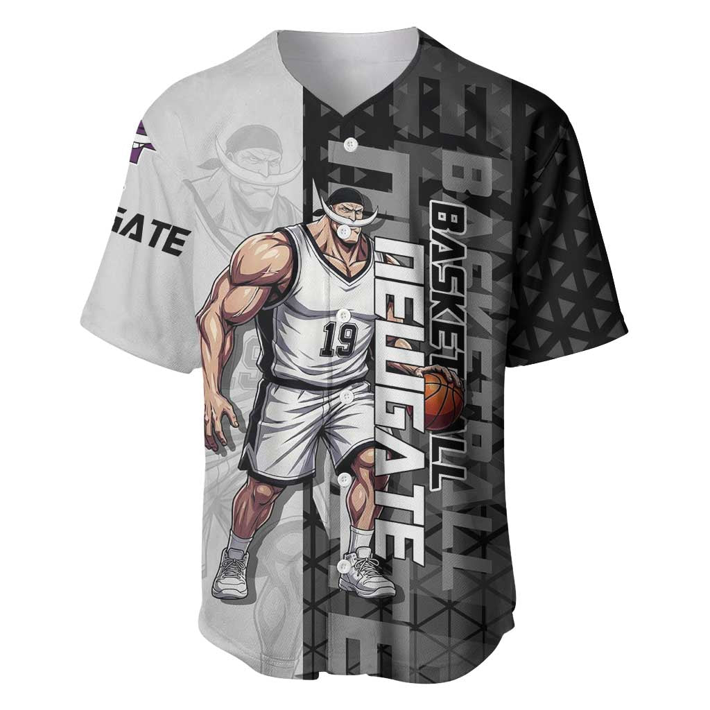 Whitebeard Newgate One Piece Basketball Theme Black and White Design Baseball Jersey with Crossed Moustache Emblem and Dominant Pose - The Mazicc