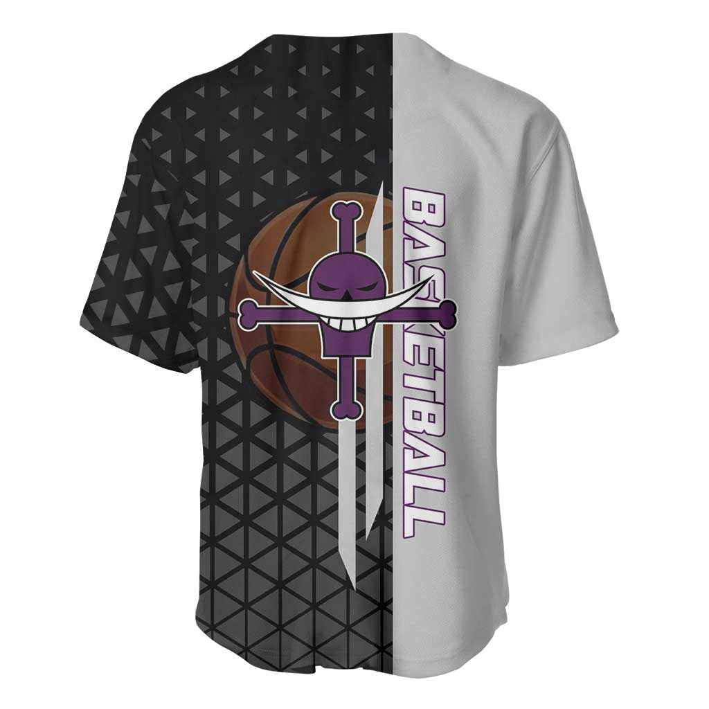 Whitebeard Newgate One Piece Basketball Theme Black and White Design Baseball Jersey with Crossed Moustache Emblem and Dominant Pose - The Mazicc