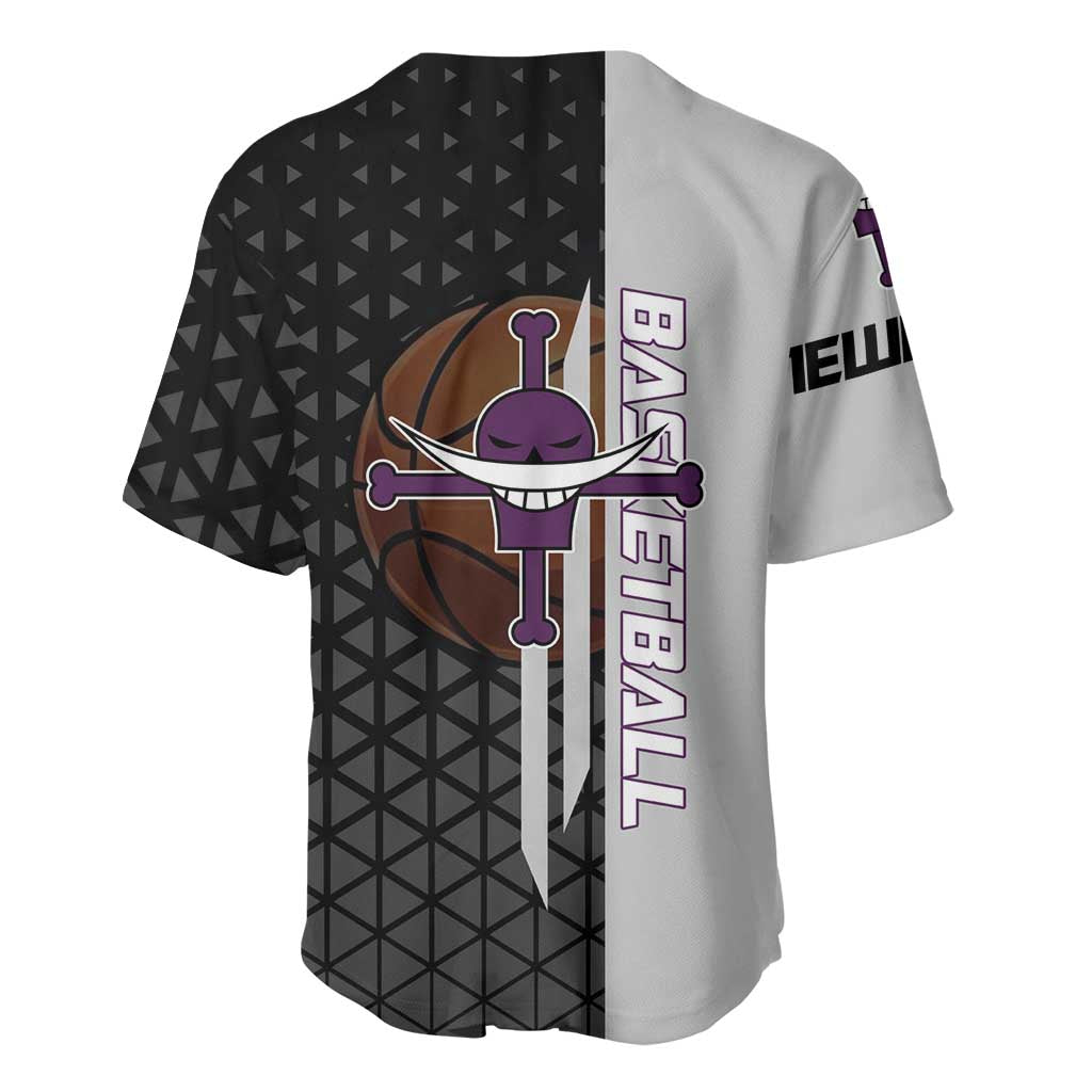 Whitebeard Newgate One Piece Basketball Theme Black and White Design Baseball Jersey with Crossed Moustache Emblem and Dominant Pose - The Mazicc
