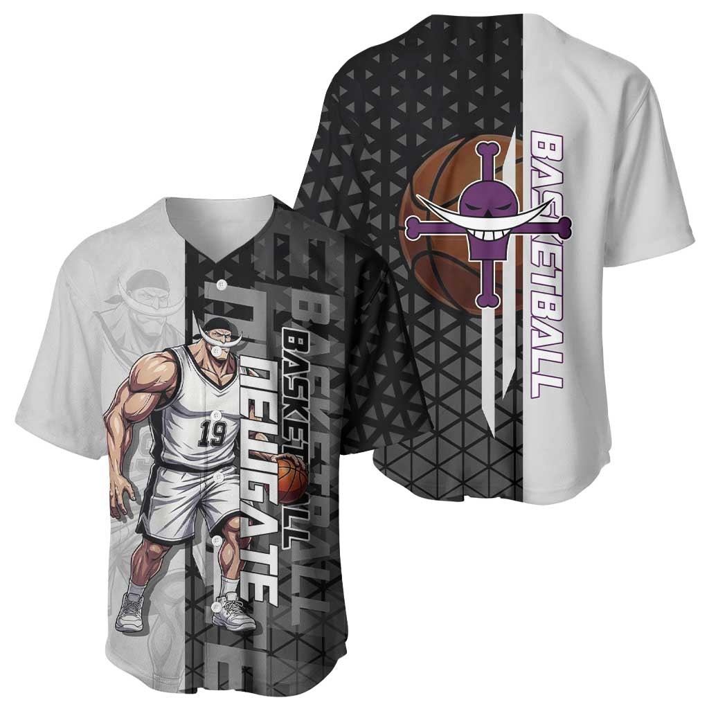 Whitebeard Newgate One Piece Basketball Theme Black and White Design Baseball Jersey with Crossed Moustache Emblem and Dominant Pose - The Mazicc