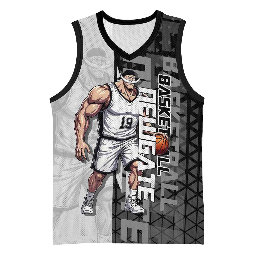 Whitebeard Newgate One Piece Basketball Theme Black and White Design Basketball Jersey with Crossed Moustache Emblem and Dominant Pose - The Mazicc