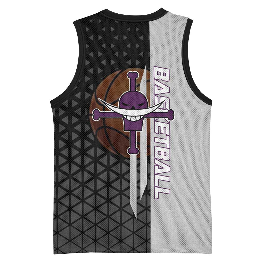 Whitebeard Newgate One Piece Basketball Theme Black and White Design Basketball Jersey with Crossed Moustache Emblem and Dominant Pose - The Mazicc