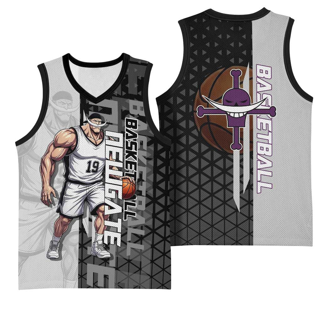 Whitebeard Newgate One Piece Basketball Theme Black and White Design Basketball Jersey with Crossed Moustache Emblem and Dominant Pose - The Mazicc