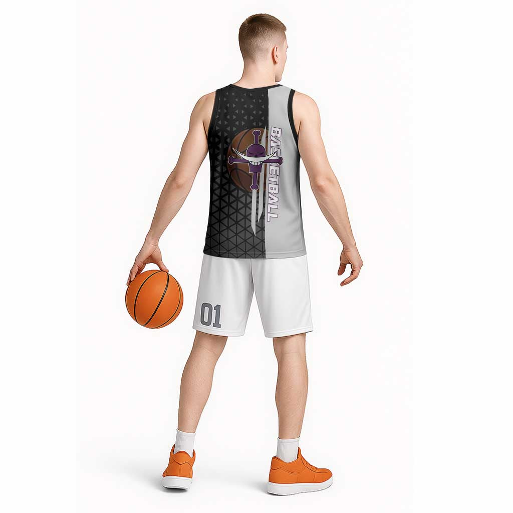 Whitebeard Newgate One Piece Basketball Theme Black and White Design Basketball Jersey with Crossed Moustache Emblem and Dominant Pose - The Mazicc