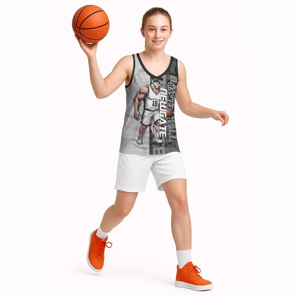 Whitebeard Newgate One Piece Basketball Theme Black and White Design Basketball Jersey with Crossed Moustache Emblem and Dominant Pose - The Mazicc