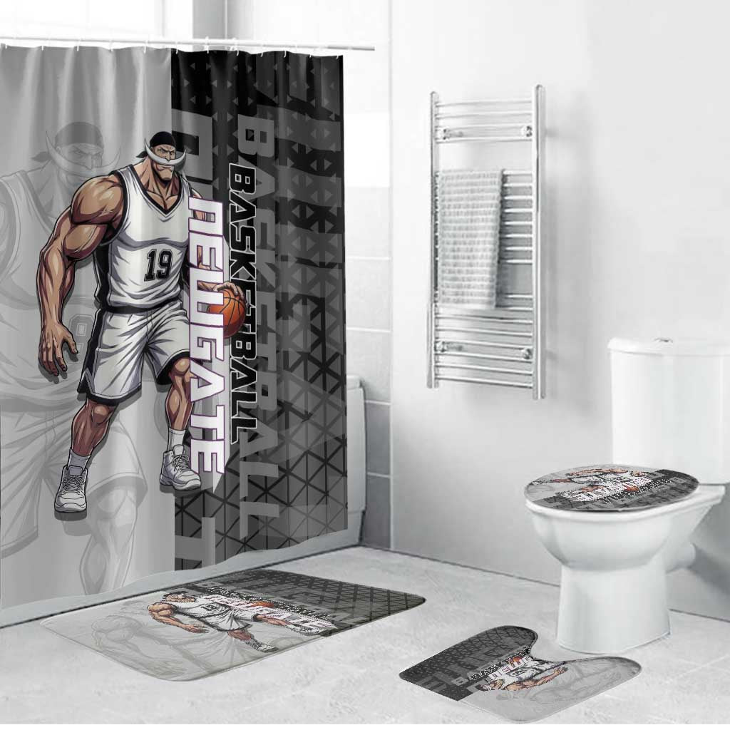 Whitebeard Newgate One Piece Basketball Theme Black and White Design Bathroom Set with Crossed Moustache Emblem and Dominant Pose - The Mazicc