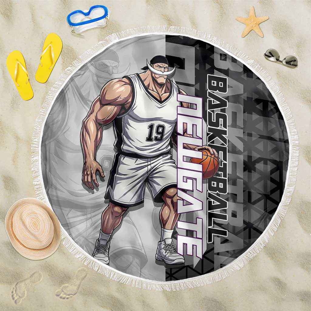Whitebeard Newgate One Piece Basketball Theme Black and White Design Beach Blanket with Crossed Moustache Emblem and Dominant Pose - The Mazicc