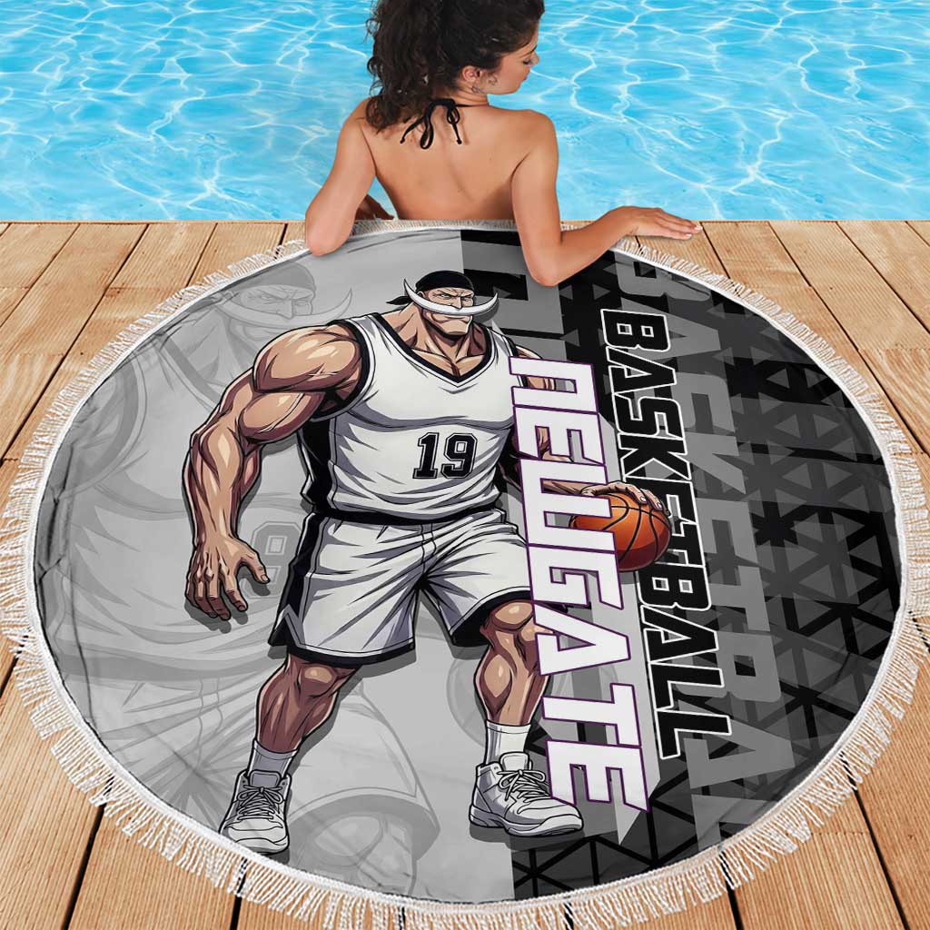 Whitebeard Newgate One Piece Basketball Theme Black and White Design Beach Blanket with Crossed Moustache Emblem and Dominant Pose - The Mazicc