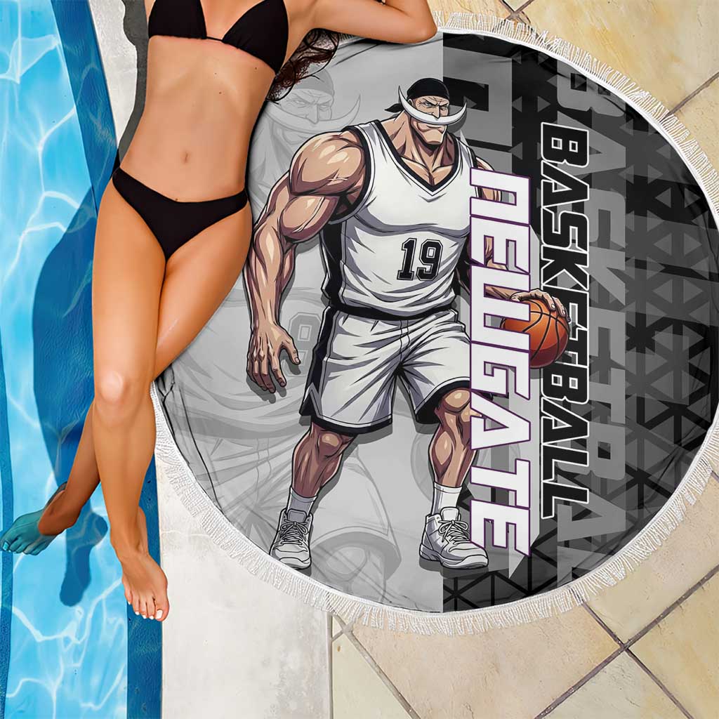 Whitebeard Newgate One Piece Basketball Theme Black and White Design Beach Blanket with Crossed Moustache Emblem and Dominant Pose - The Mazicc