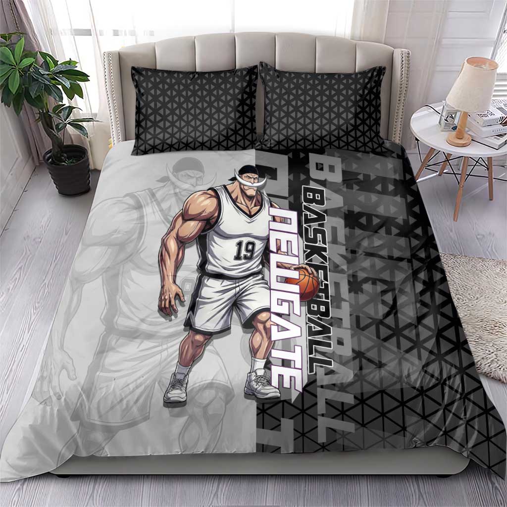 Whitebeard Newgate One Piece Basketball Theme Black and White Design Bedding Set with Crossed Moustache Emblem and Dominant Pose - The Mazicc
