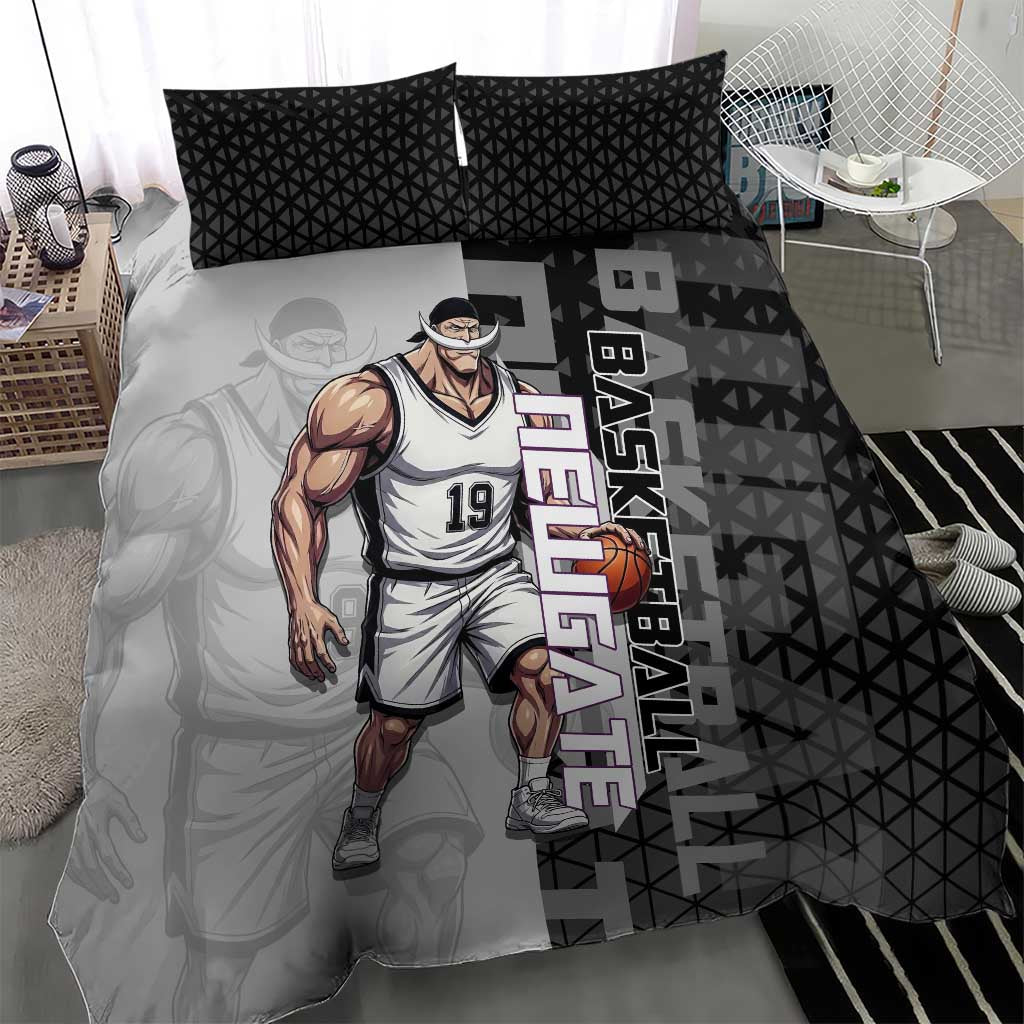 Whitebeard Newgate One Piece Basketball Theme Black and White Design Bedding Set with Crossed Moustache Emblem and Dominant Pose - The Mazicc