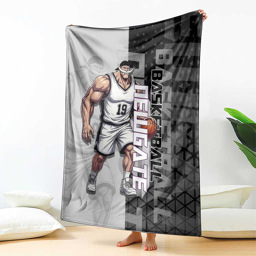 Whitebeard Newgate One Piece Basketball Theme Black and White Design Blanket with Crossed Moustache Emblem and Dominant Pose - The Mazicc