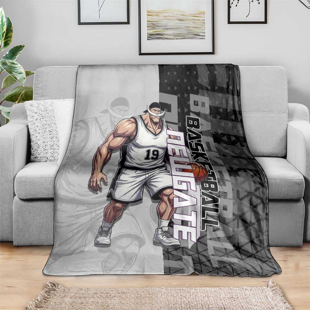 Whitebeard Newgate One Piece Basketball Theme Black and White Design Blanket with Crossed Moustache Emblem and Dominant Pose - The Mazicc