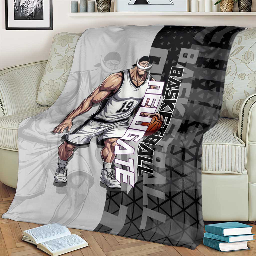 Whitebeard Newgate One Piece Basketball Theme Black and White Design Blanket with Crossed Moustache Emblem and Dominant Pose - The Mazicc