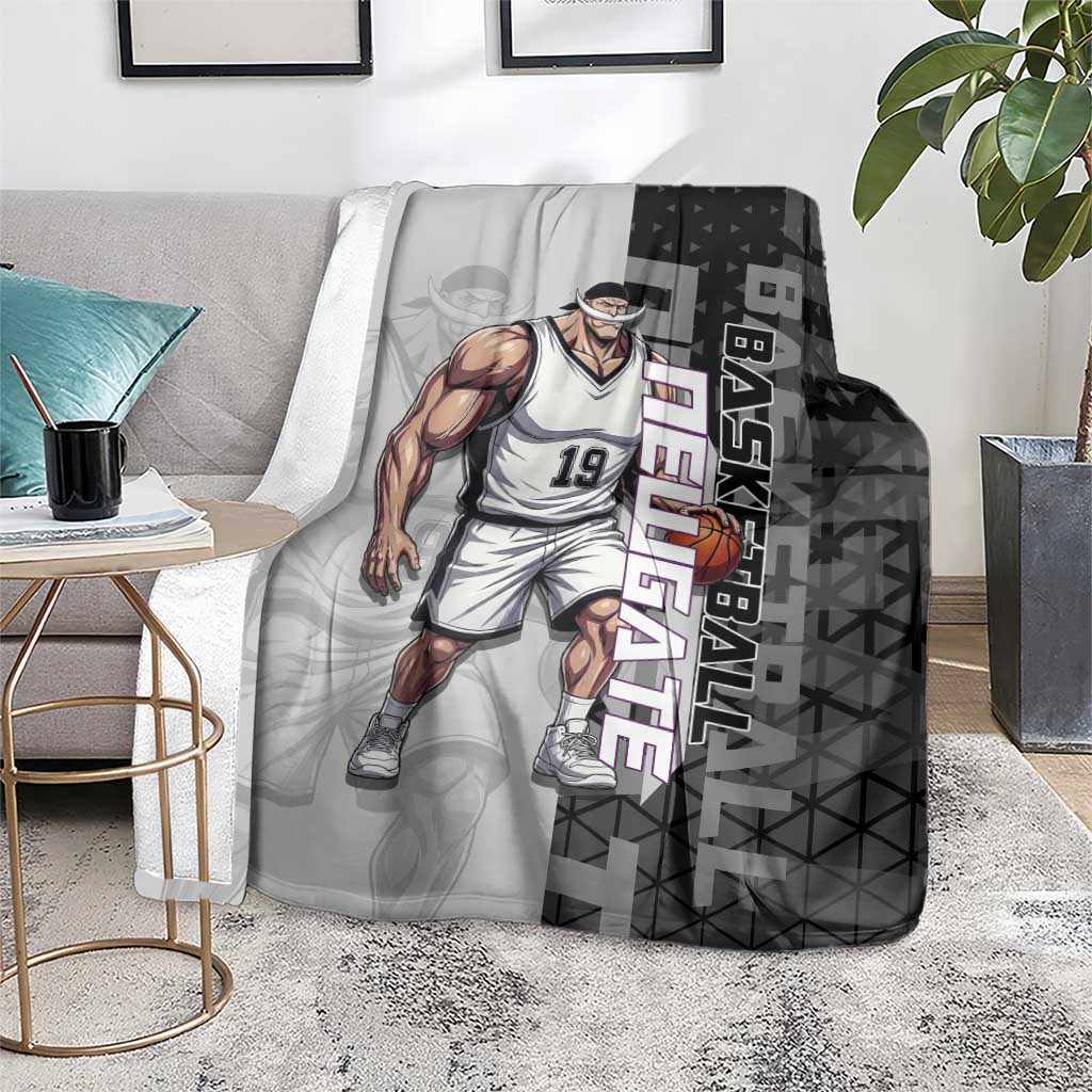 Whitebeard Newgate One Piece Basketball Theme Black and White Design Blanket with Crossed Moustache Emblem and Dominant Pose - The Mazicc