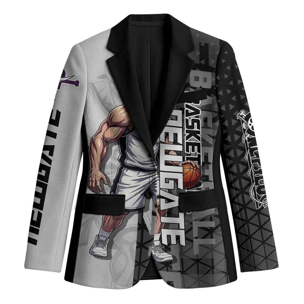Whitebeard Newgate One Piece Basketball Theme Black and White Design Blazer with Crossed Moustache Emblem and Dominant Pose - The Mazicc