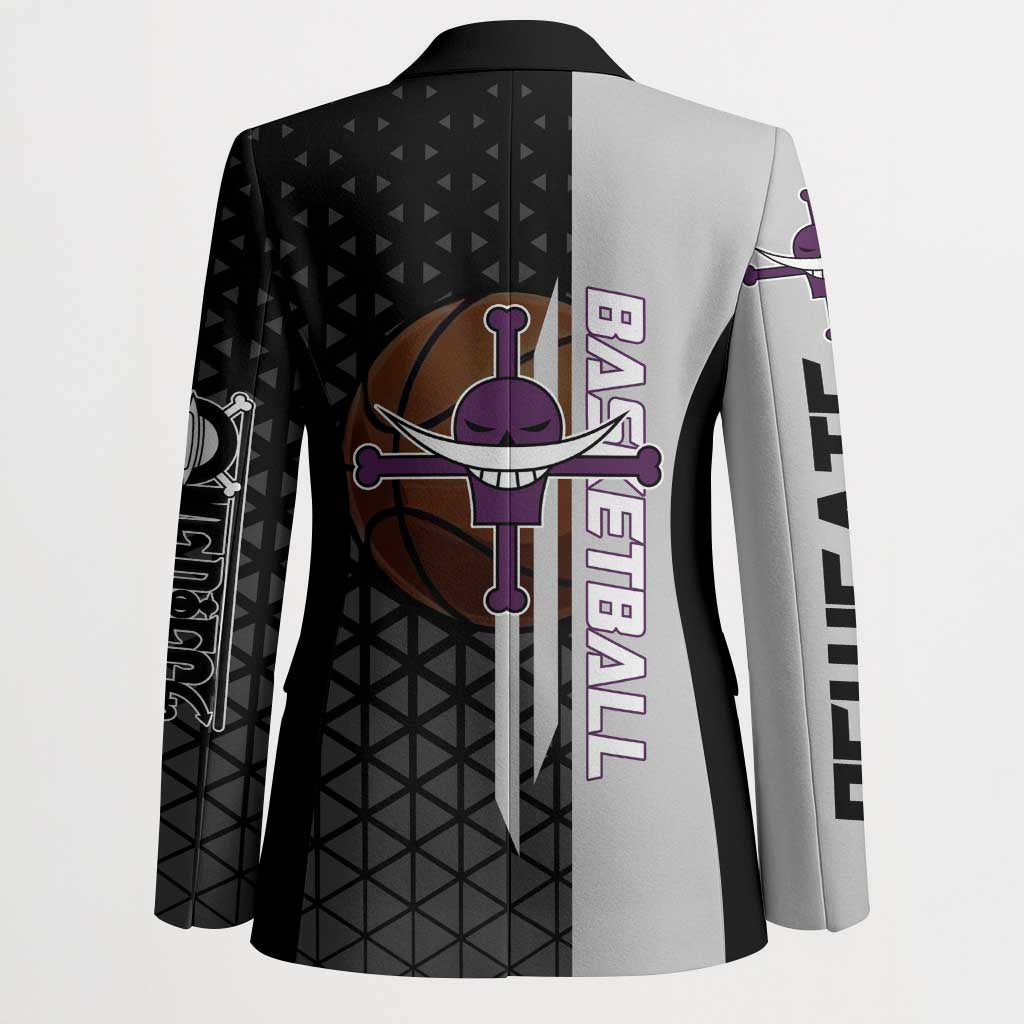 Whitebeard Newgate One Piece Basketball Theme Black and White Design Blazer with Crossed Moustache Emblem and Dominant Pose - The Mazicc