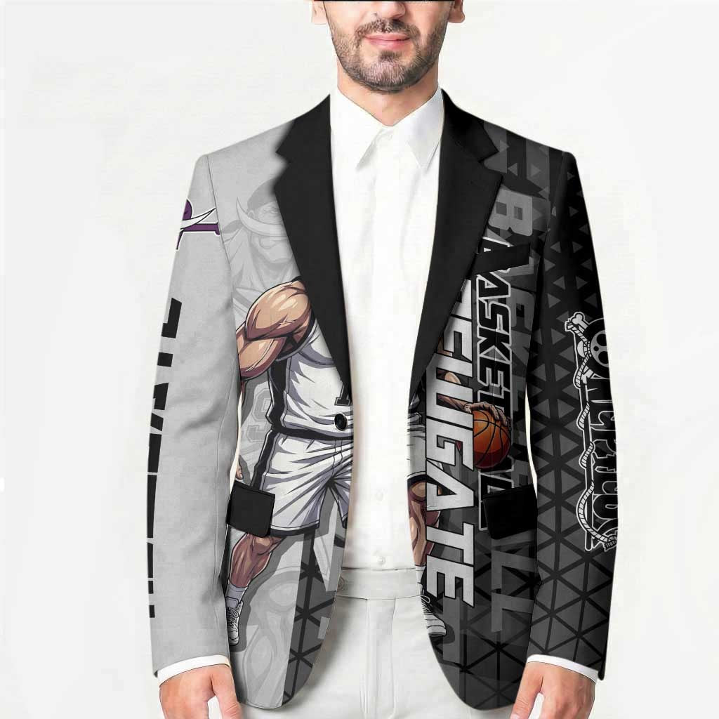 Whitebeard Newgate One Piece Basketball Theme Black and White Design Blazer with Crossed Moustache Emblem and Dominant Pose - The Mazicc