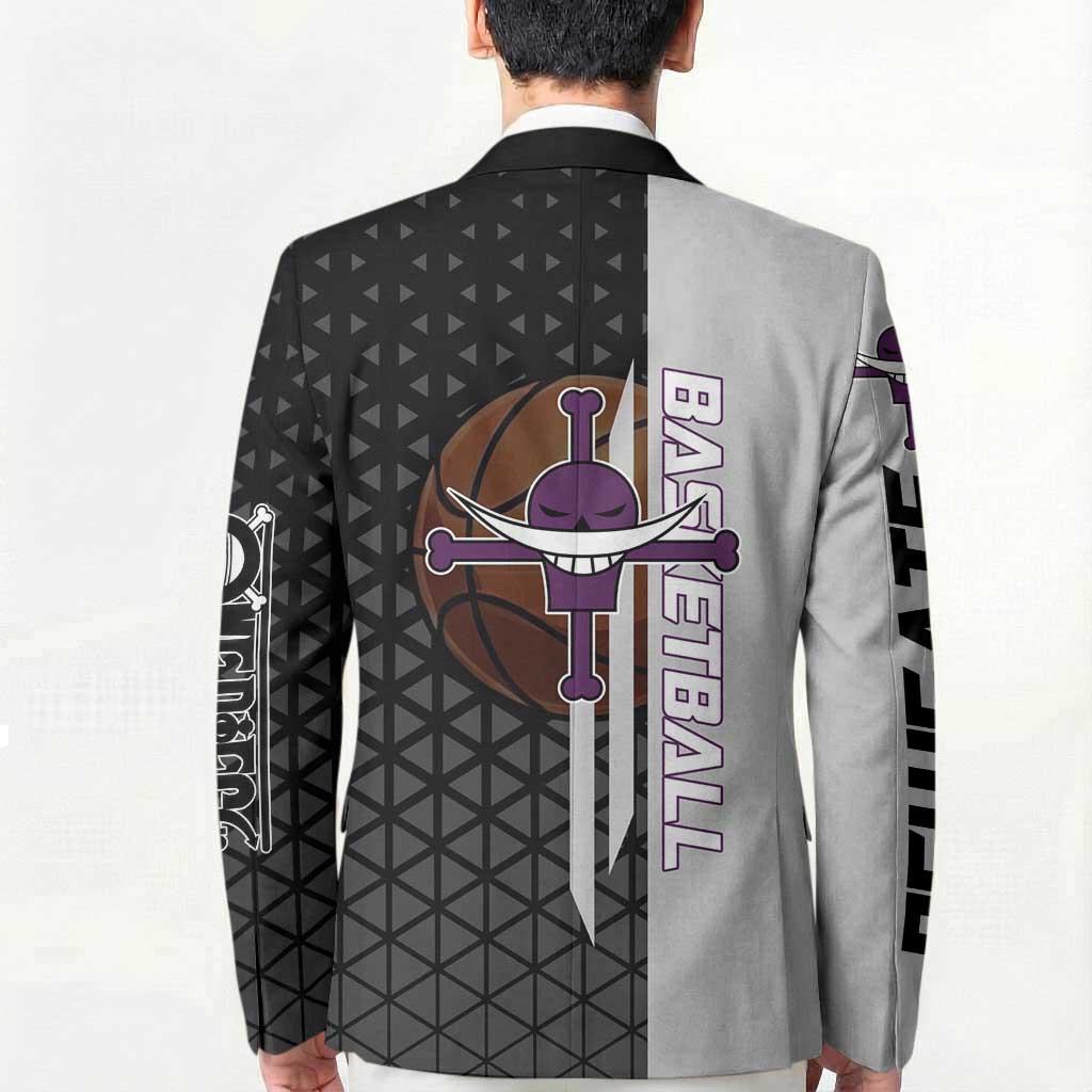 Whitebeard Newgate One Piece Basketball Theme Black and White Design Blazer with Crossed Moustache Emblem and Dominant Pose - The Mazicc