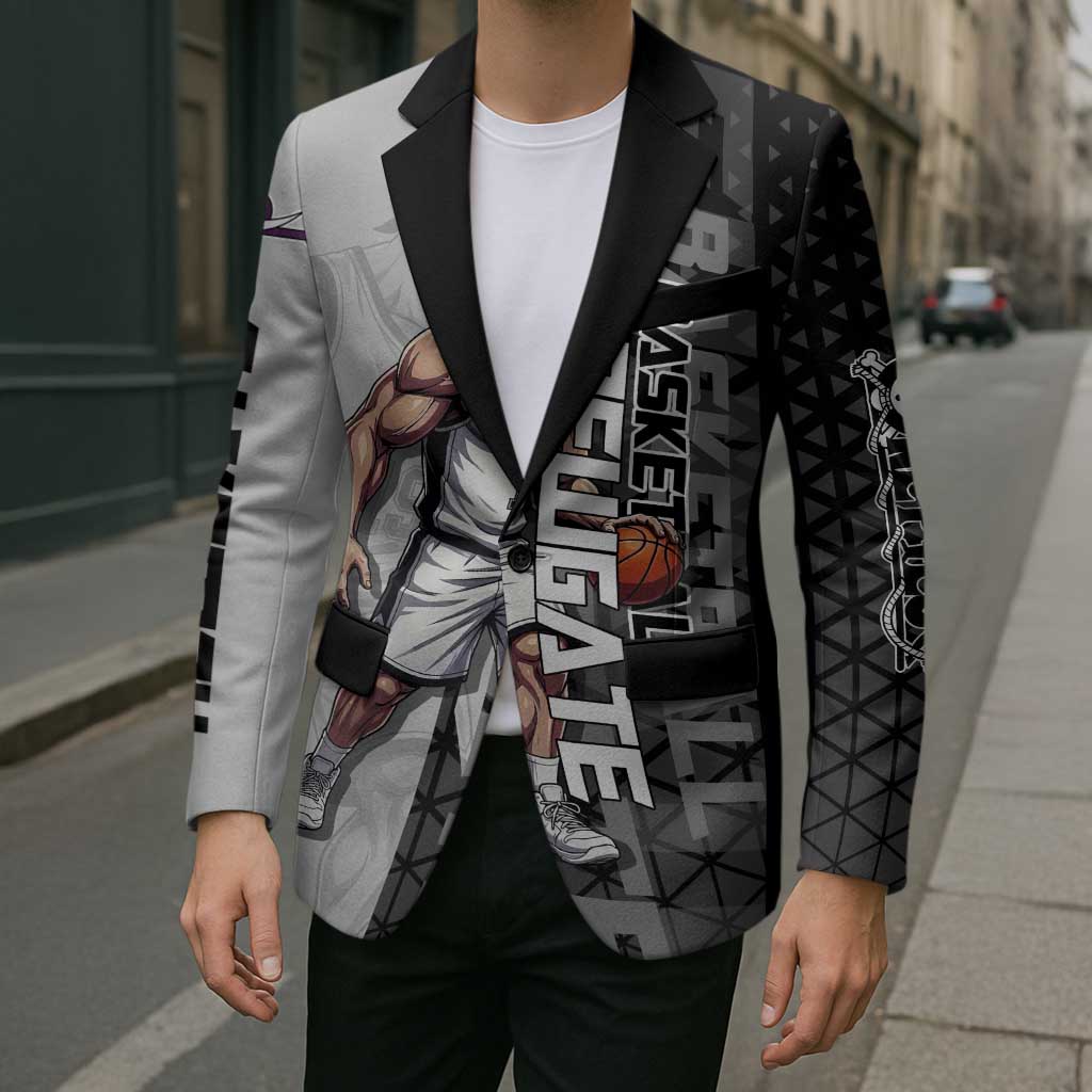 Whitebeard Newgate One Piece Basketball Theme Black and White Design Blazer with Crossed Moustache Emblem and Dominant Pose - The Mazicc