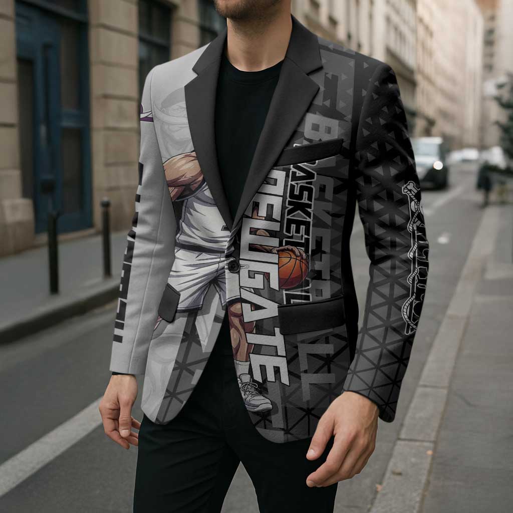 Whitebeard Newgate One Piece Basketball Theme Black and White Design Blazer with Crossed Moustache Emblem and Dominant Pose - The Mazicc