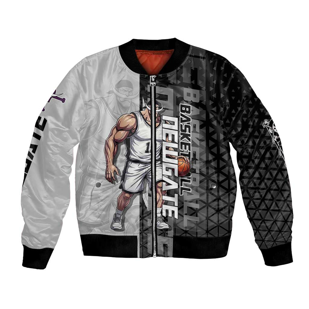 Whitebeard Newgate One Piece Basketball Theme Black and White Design Bomber Jacket with Crossed Moustache Emblem and Dominant Pose - The Mazicc