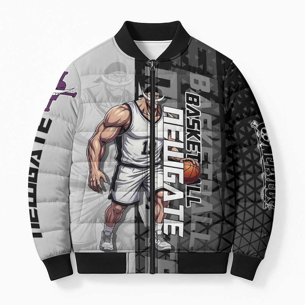 Whitebeard Newgate One Piece Basketball Theme Black and White Design Bomber Puffer Jacket with Crossed Moustache Emblem and Dominant Pose - The Mazicc