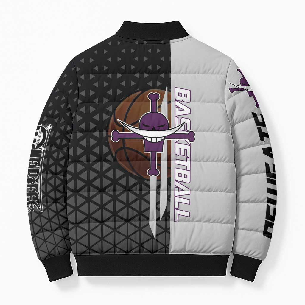 Whitebeard Newgate One Piece Basketball Theme Black and White Design Bomber Puffer Jacket with Crossed Moustache Emblem and Dominant Pose - The Mazicc