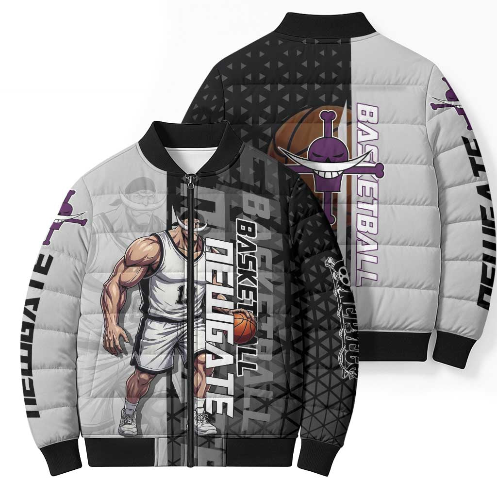 Whitebeard Newgate One Piece Basketball Theme Black and White Design Bomber Puffer Jacket with Crossed Moustache Emblem and Dominant Pose - The Mazicc
