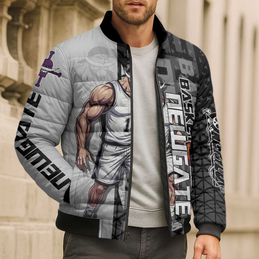 Whitebeard Newgate One Piece Basketball Theme Black and White Design Bomber Puffer Jacket with Crossed Moustache Emblem and Dominant Pose - The Mazicc