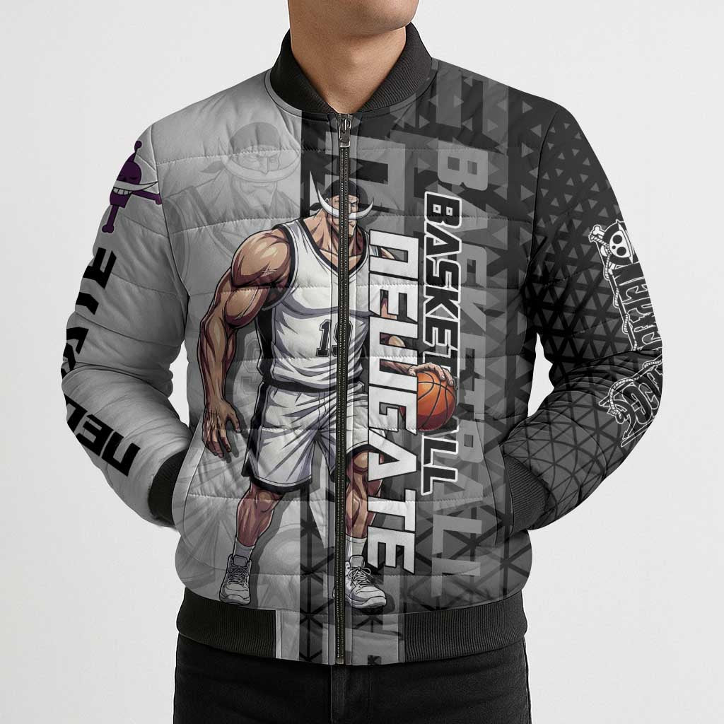 Whitebeard Newgate One Piece Basketball Theme Black and White Design Bomber Puffer Jacket with Crossed Moustache Emblem and Dominant Pose - The Mazicc