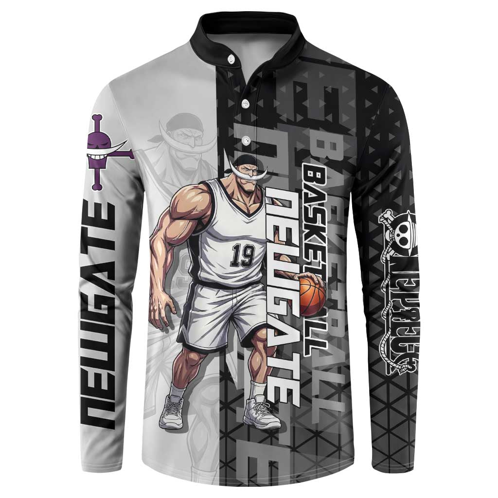 Whitebeard Newgate One Piece Basketball Theme Black and White Design Button Sweatshirt with Crossed Moustache Emblem and Dominant Pose - The Mazicc