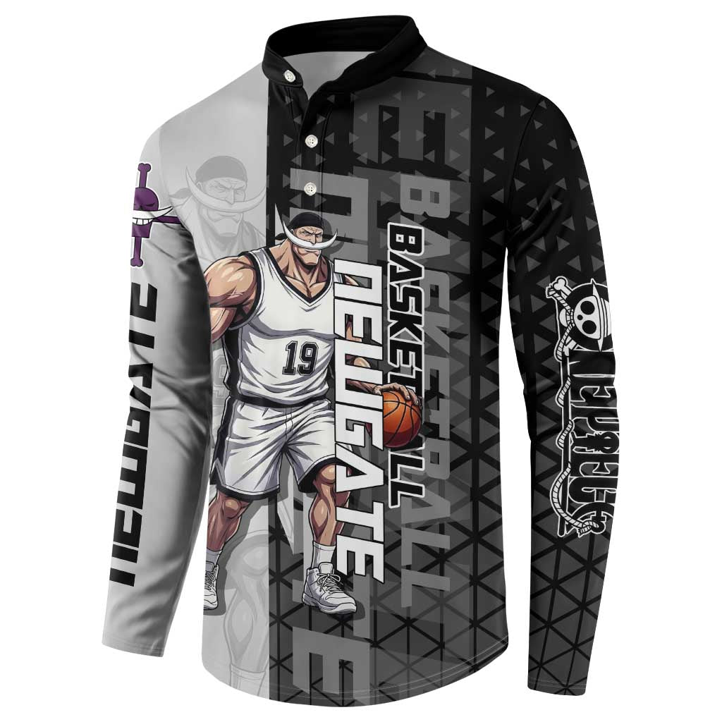 Whitebeard Newgate One Piece Basketball Theme Black and White Design Button Sweatshirt with Crossed Moustache Emblem and Dominant Pose - The Mazicc