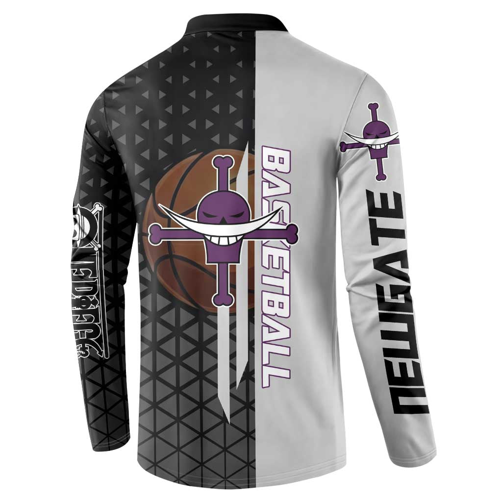 Whitebeard Newgate One Piece Basketball Theme Black and White Design Button Sweatshirt with Crossed Moustache Emblem and Dominant Pose - The Mazicc