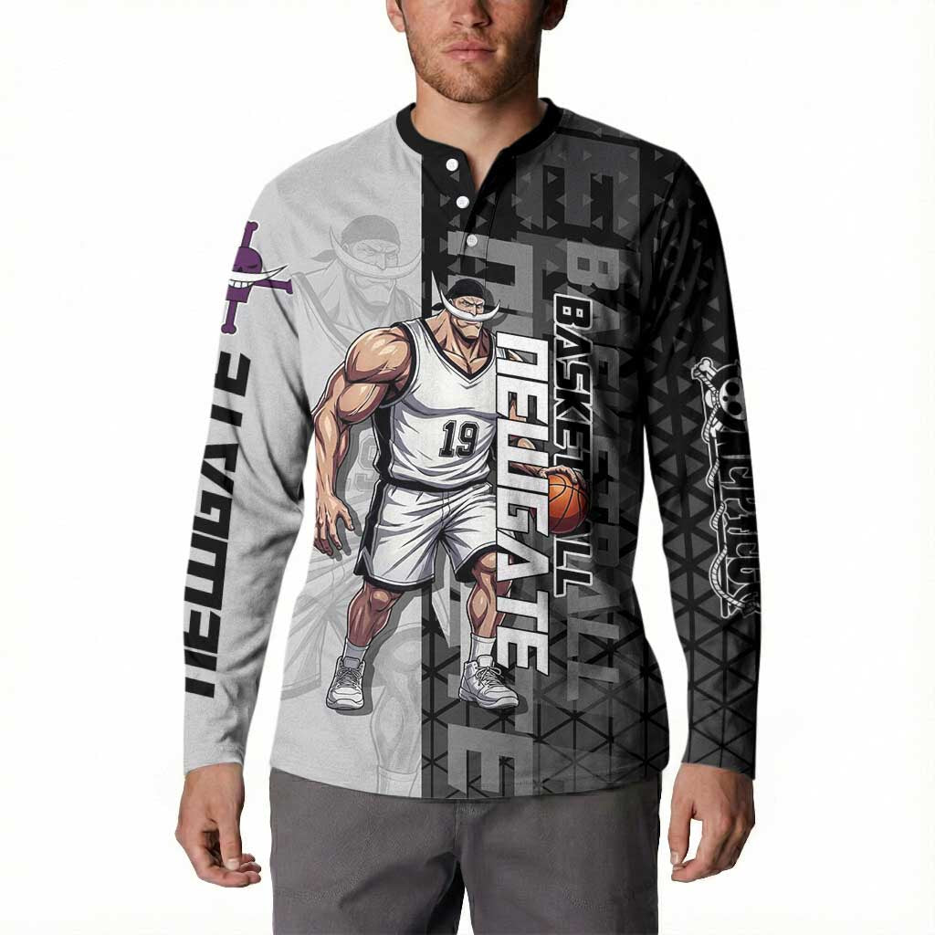 Whitebeard Newgate One Piece Basketball Theme Black and White Design Button Sweatshirt with Crossed Moustache Emblem and Dominant Pose - The Mazicc
