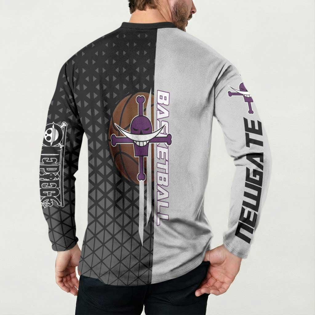 Whitebeard Newgate One Piece Basketball Theme Black and White Design Button Sweatshirt with Crossed Moustache Emblem and Dominant Pose - The Mazicc
