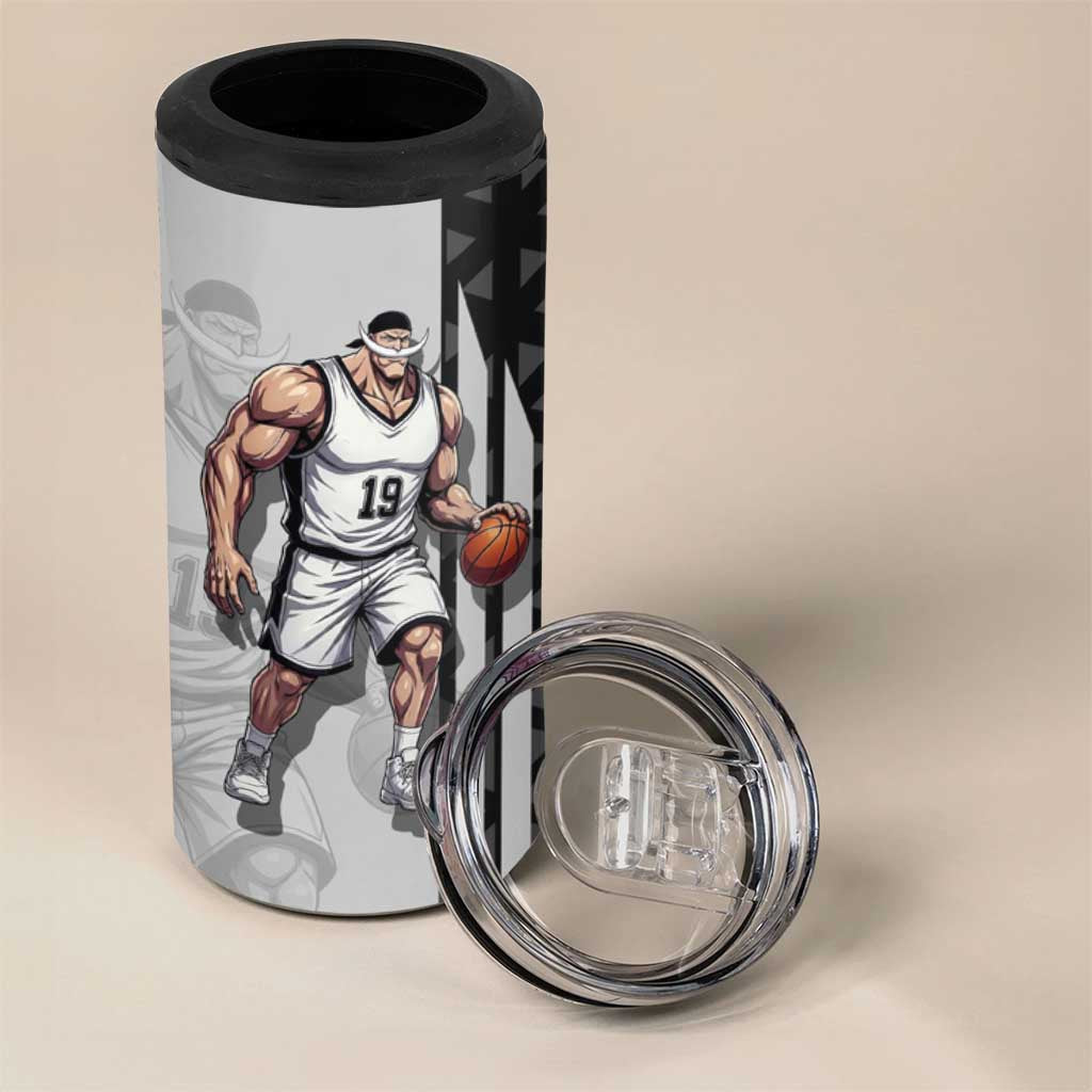 Whitebeard Newgate One Piece Basketball Theme Black and White Design 4 in 1 Can Cooler Tumbler with Crossed Moustache Emblem and Dominant Pose - The Mazicc