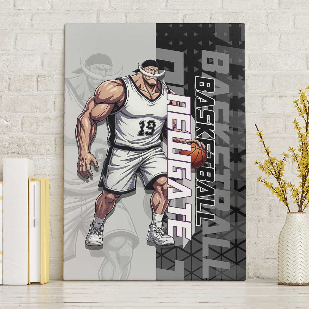 Whitebeard Newgate One Piece Basketball Theme Black and White Design Canvas Wall Art with Crossed Moustache Emblem and Dominant Pose - The Mazicc