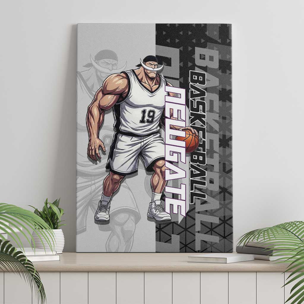 Whitebeard Newgate One Piece Basketball Theme Black and White Design Canvas Wall Art with Crossed Moustache Emblem and Dominant Pose - The Mazicc