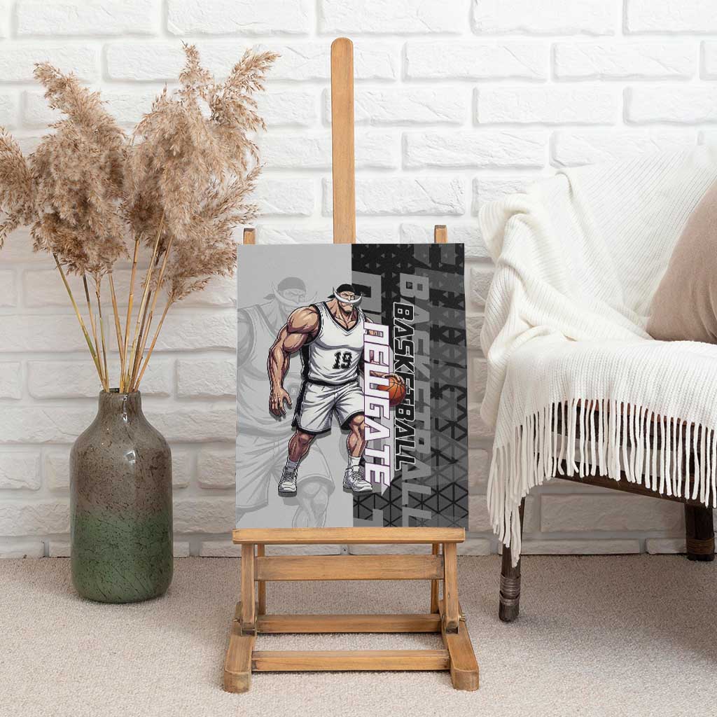 Whitebeard Newgate One Piece Basketball Theme Black and White Design Canvas Wall Art with Crossed Moustache Emblem and Dominant Pose - The Mazicc