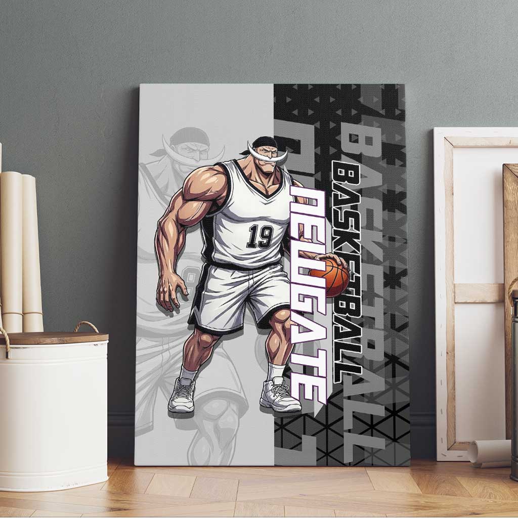 Whitebeard Newgate One Piece Basketball Theme Black and White Design Canvas Wall Art with Crossed Moustache Emblem and Dominant Pose - The Mazicc