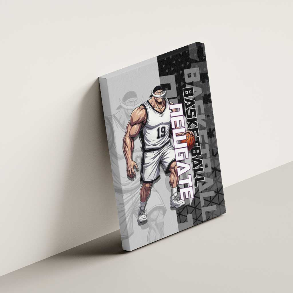 Whitebeard Newgate One Piece Basketball Theme Black and White Design Canvas Wall Art with Crossed Moustache Emblem and Dominant Pose - The Mazicc